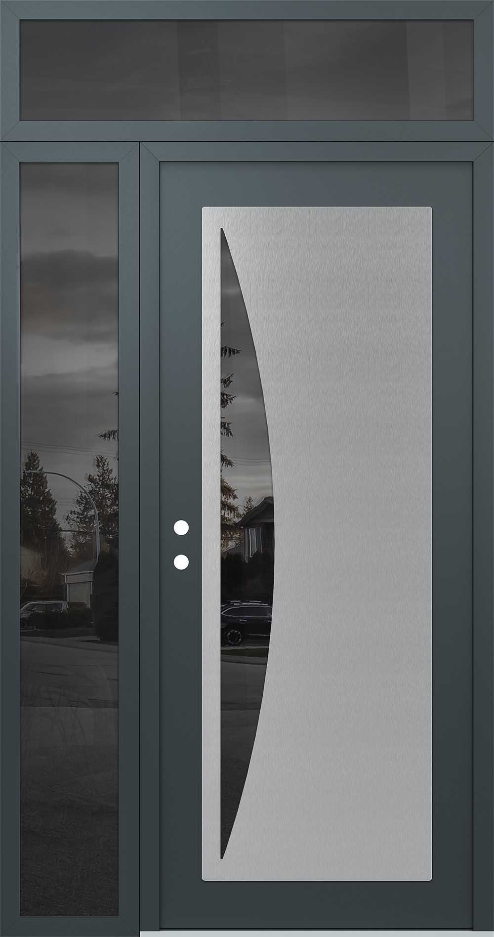 Modern Steel Front Door Diamond C13 48" x 96" anthracite/anthracite mirrored Glass Panel stainless steel RHI with Sidelite and Transom mirrored Glass