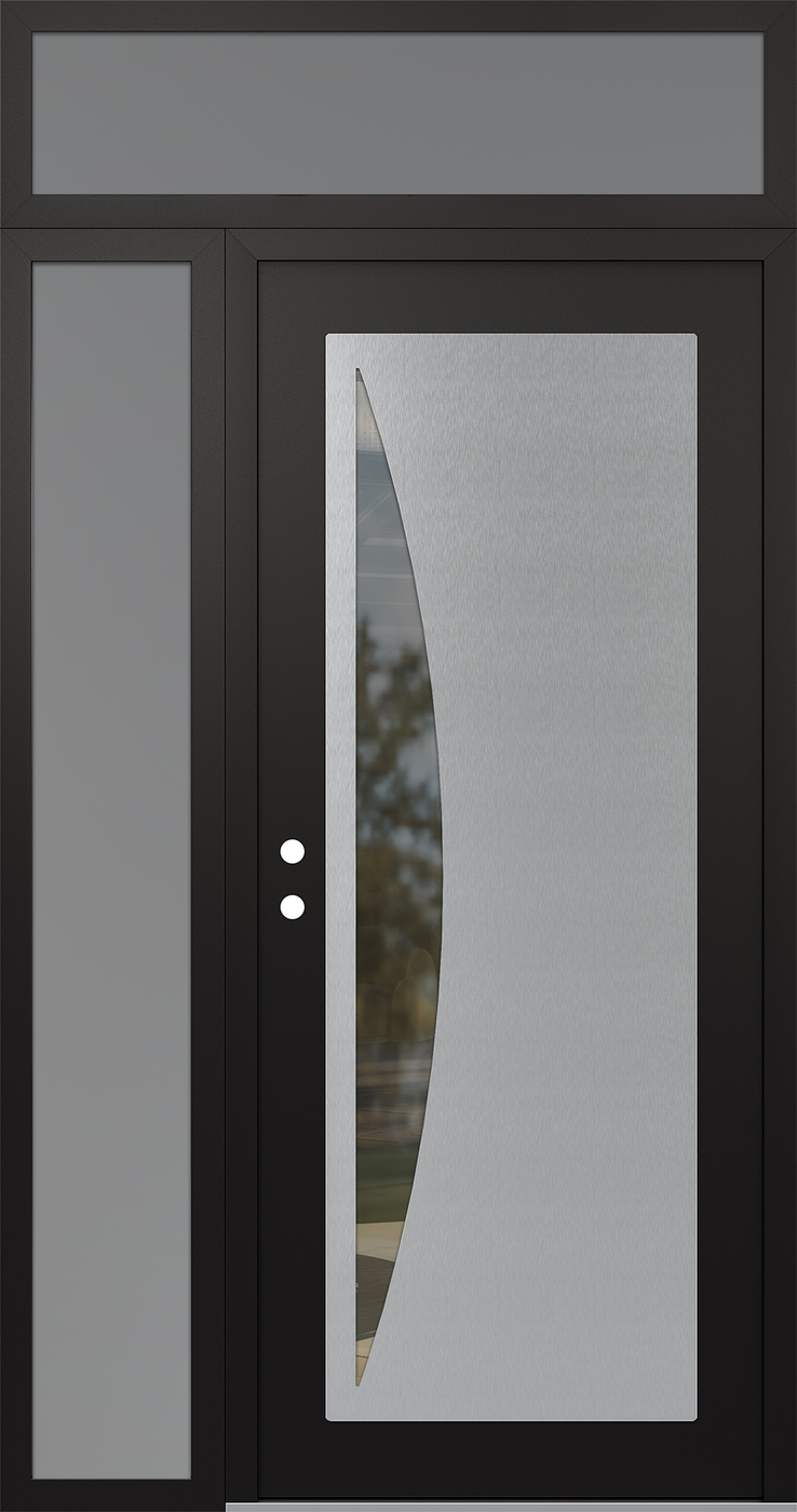 Modern Steel Front Door Diamond C13 48" x 96" black/black clear Glass Panel stainless steel RHI with Sidelite and Transom frosted Glass