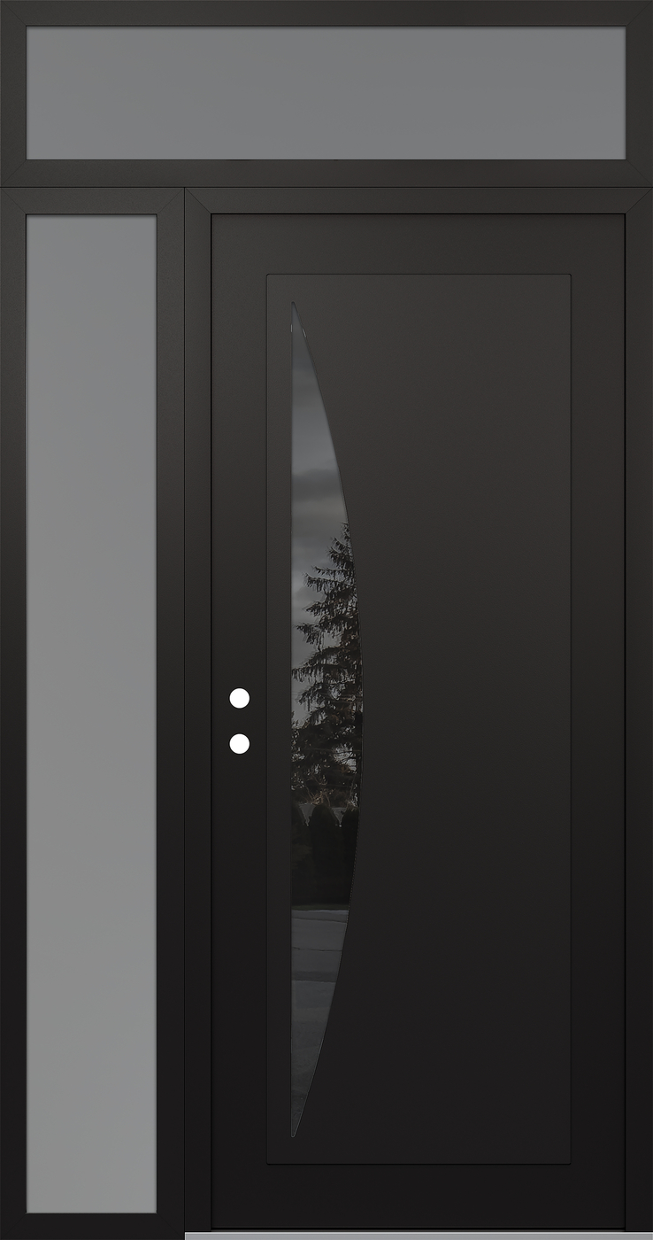 Modern Steel Front Door Diamond C13 48" x 96" black/black mirrored Glass Panel black RHI with Sidelite and Transom frosted Glass