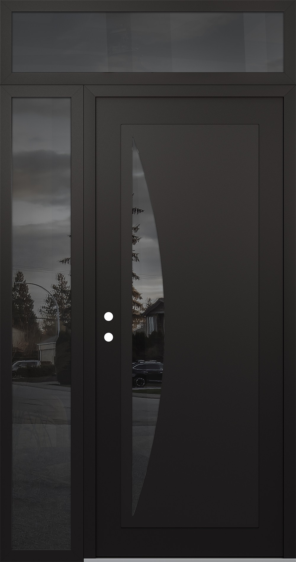 Modern Steel Front Door Diamond C13 48" x 96" black/black mirrored Glass Panel black RHI with Sidelite and Transom mirrored Glass