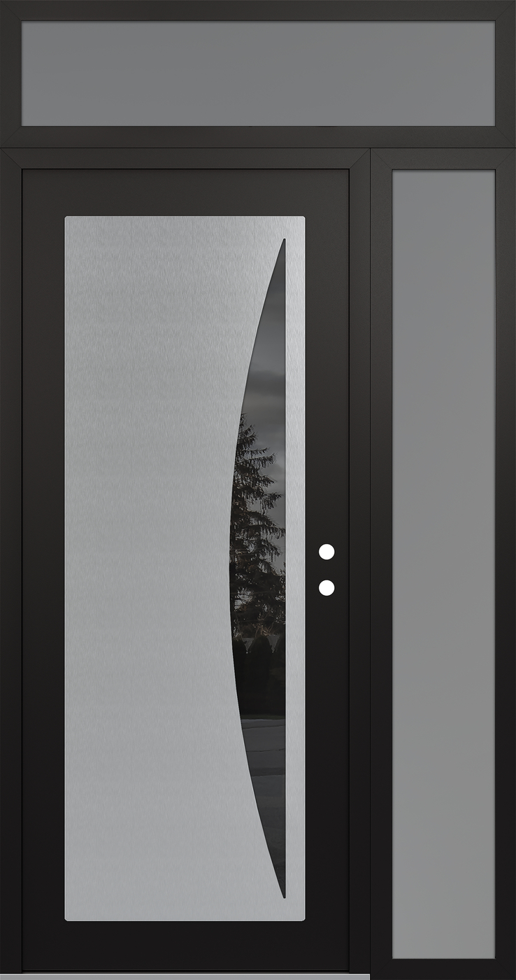 Modern Steel Front Door Diamond C13 48" x 96" black/black mirrored Glass Panel stainless steel LHI with Sidelite and Transom frosted Glass