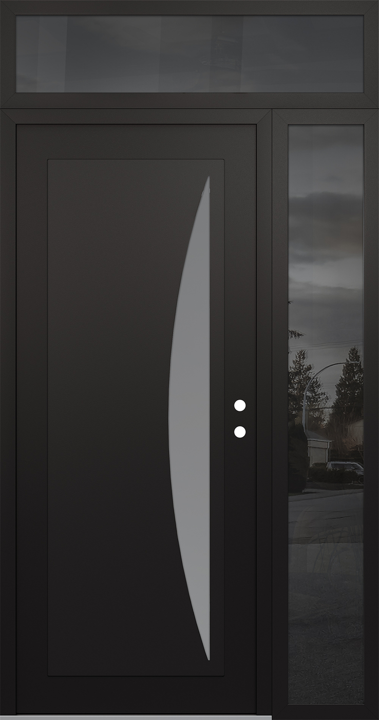 Modern Steel Front Door Diamond C13 48" x 96" black/white frosted Glass Panel black LHI with Sidelite and Transom mirrored Glass