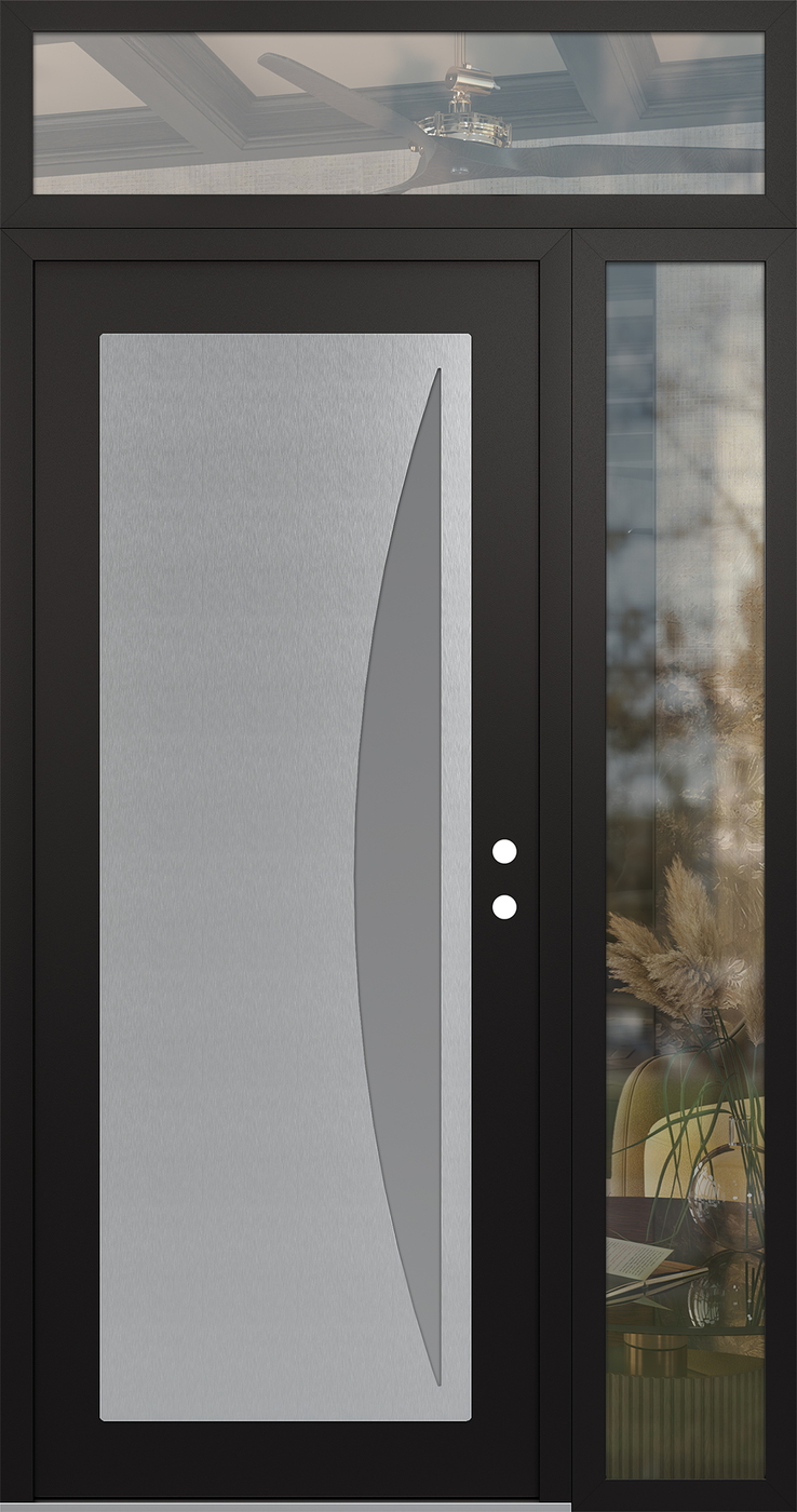Modern Steel Front Door Diamond C13 48" x 96" black/white frosted Glass Panel stainless steel LHI with Sidelite and Transom clear Glass