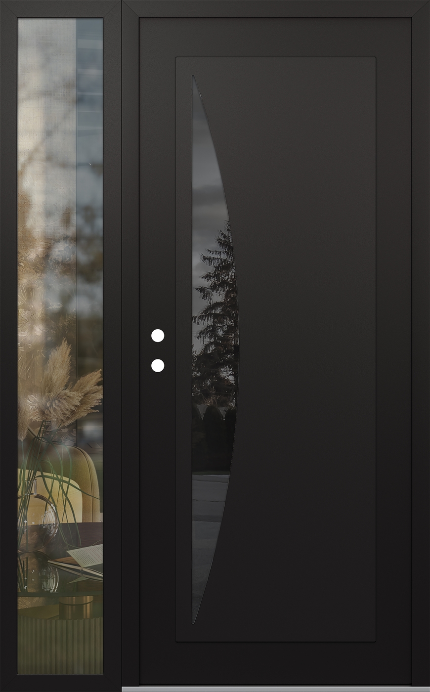 Modern Steel Front Door Diamond C13 50" x 80" black/black mirrored Glass Panel black RHI with Sidelite clear Glass