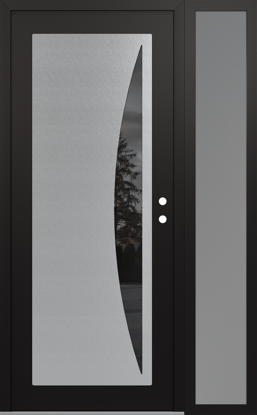 Modern Steel Front Door Diamond C13 50" x 80" black/black mirrored Glass Panel stainless steel LHI with Sidelite frosted Glass