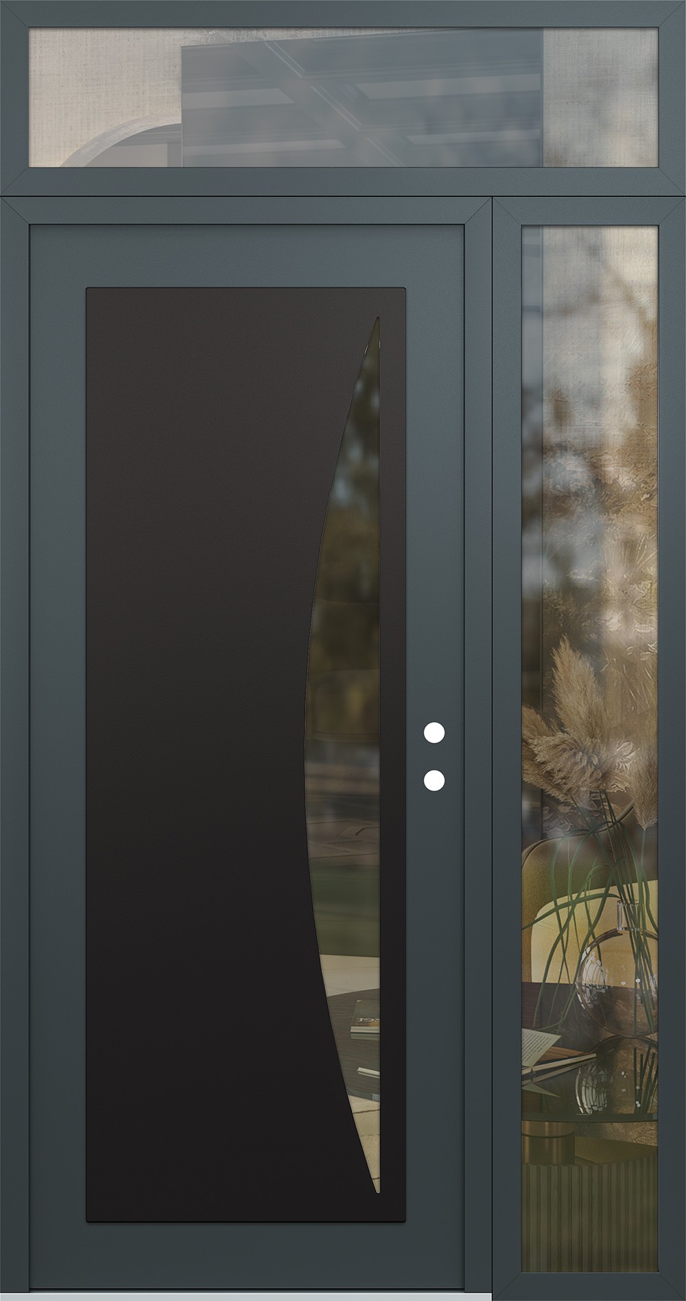 Modern Steel Front Door Diamond C13 50" x 96" anthracite/anthracite clear Glass Panel black LHI with Sidelite and Transom clear Glass