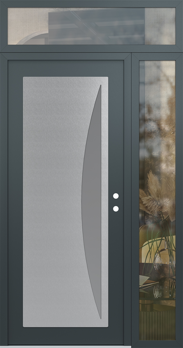 Modern Steel Front Door Diamond C13 50" x 96" anthracite/anthracite frosted Glass Panel stainless steel LHI with Sidelite and Transom clear Glass