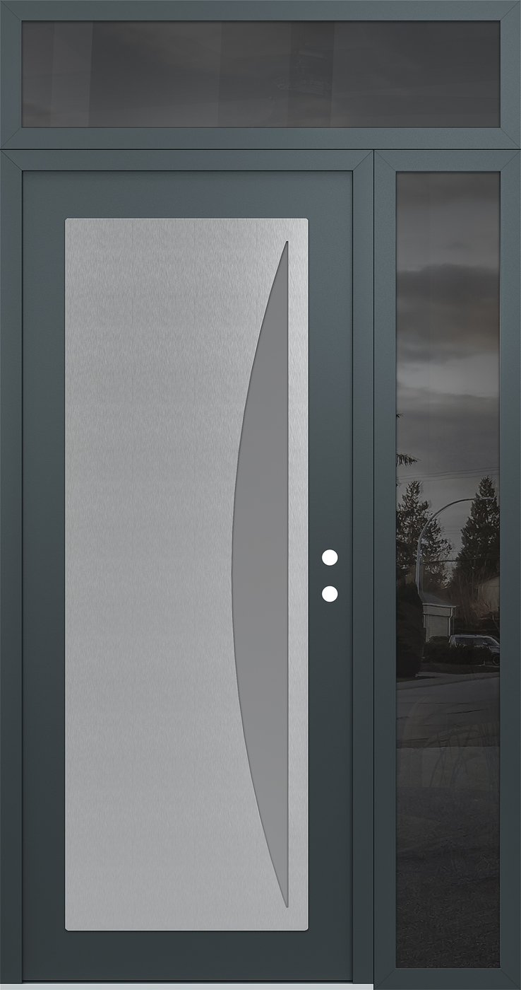 Modern Steel Front Door Diamond C13 50" x 96" anthracite/anthracite frosted Glass Panel stainless steel LHI with Sidelite and Transom mirrored Glass