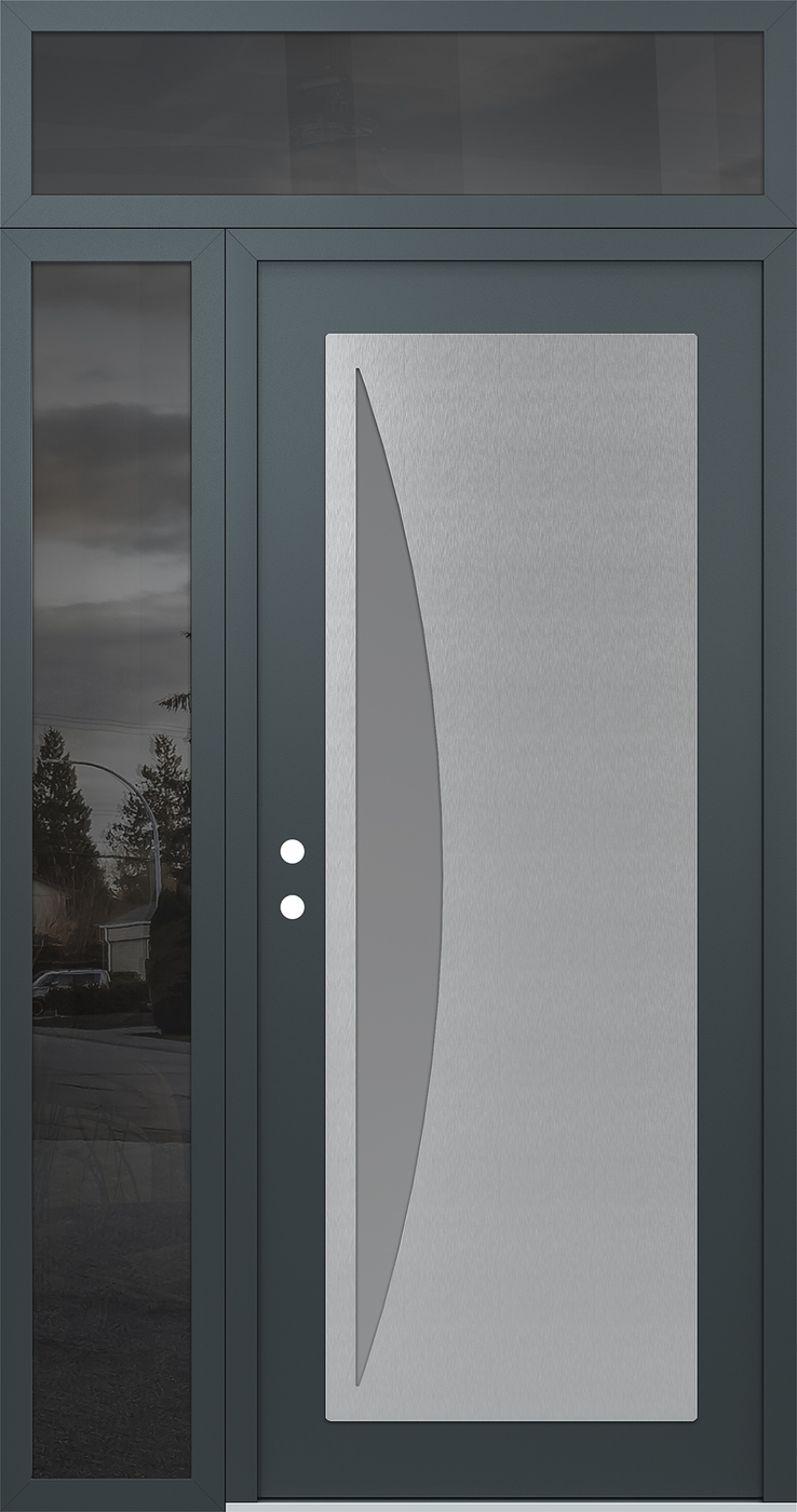 Modern Steel Front Door Diamond C13 50" x 96" anthracite/anthracite frosted Glass Panel stainless steel RHI with Sidelite and Transom mirrored Glass