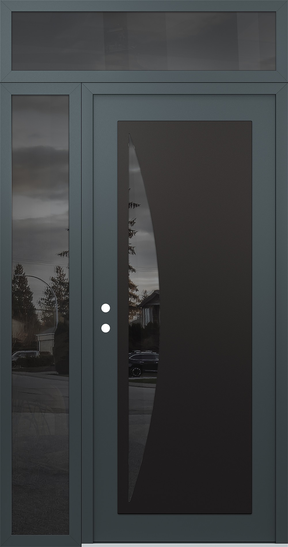 Modern Steel Front Door Diamond C13 50" x 96" anthracite/anthracite mirrored Glass Panel black RHI with Sidelite and Transom mirrored Glass