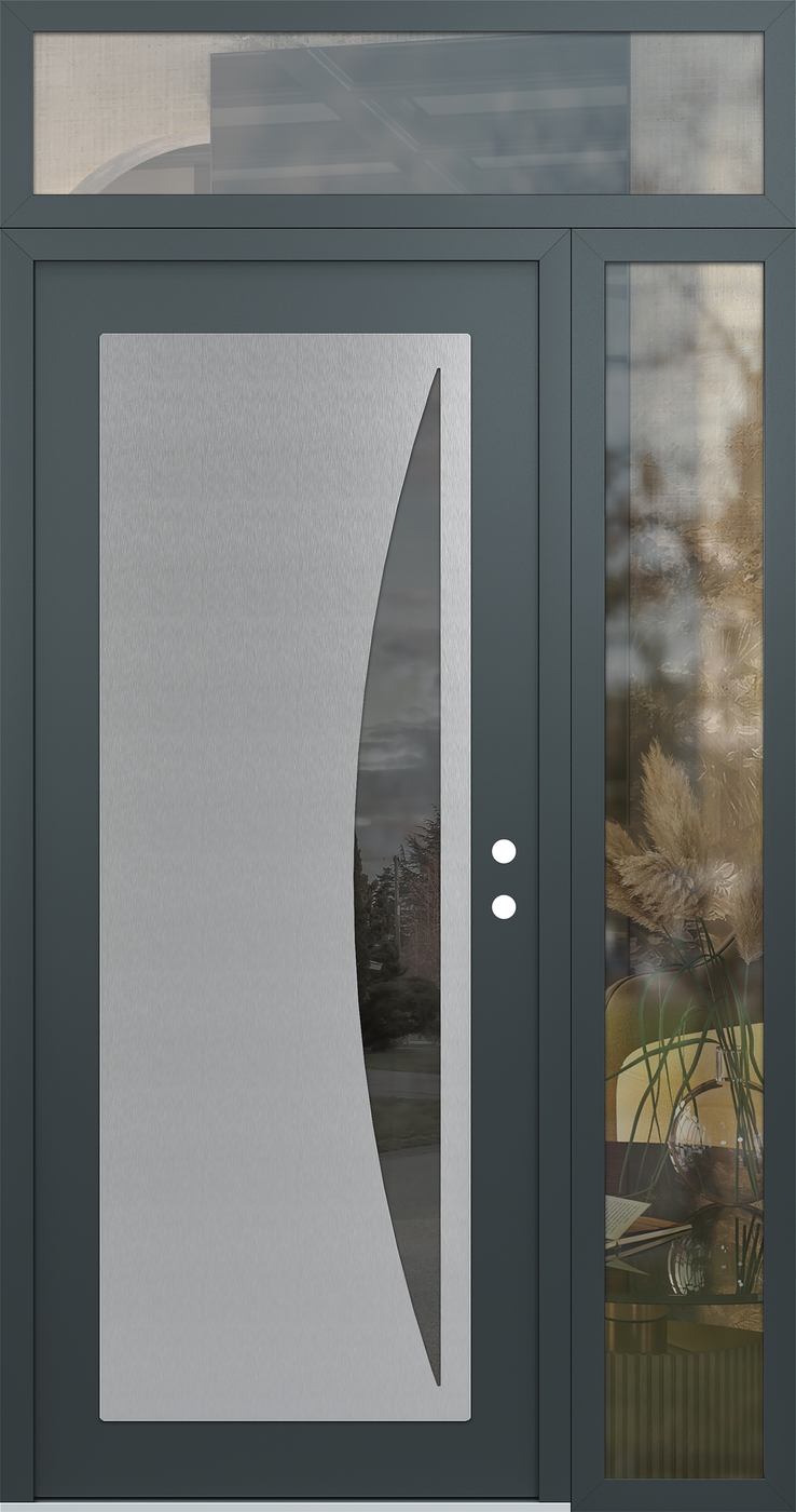 Modern Steel Front Door Diamond C13 50" x 96" anthracite/anthracite mirrored Glass Panel stainless steel LHI with Sidelite and Transom clear Glass