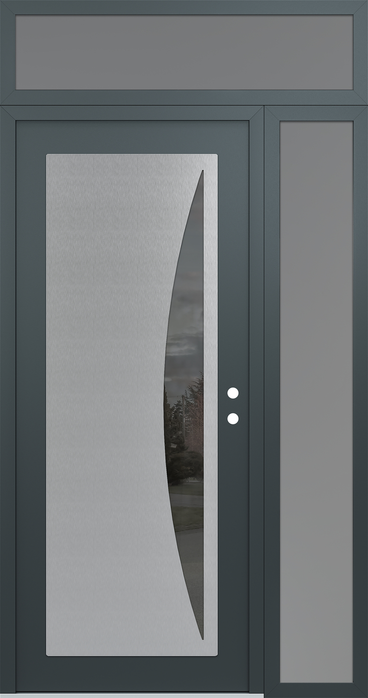 Modern Steel Front Door Diamond C13 50" x 96" anthracite/anthracite mirrored Glass Panel stainless steel LHI with Sidelite and Transom frosted Glass