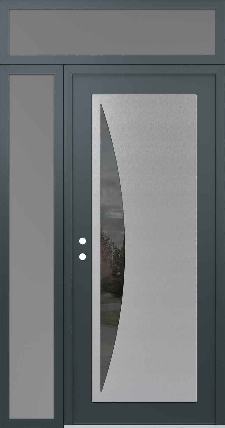 Modern Steel Front Door Diamond C13 50" x 96" anthracite/anthracite mirrored Glass Panel stainless steel RHI with Sidelite and Transom frosted Glass