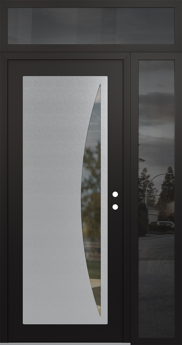 Modern Steel Front Door Diamond C13 50" x 96" black/black clear Glass Panel stainless steel LHI with Sidelite and Transom mirrored Glass