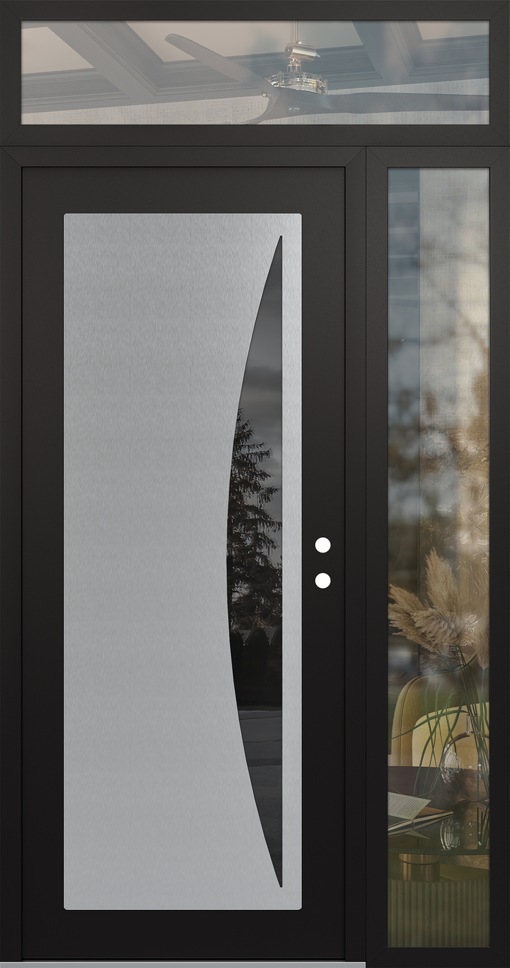 Modern Steel Front Door Diamond C13 50" x 96" black/black mirrored Glass Panel stainless steel LHI with Sidelite and Transom clear Glass