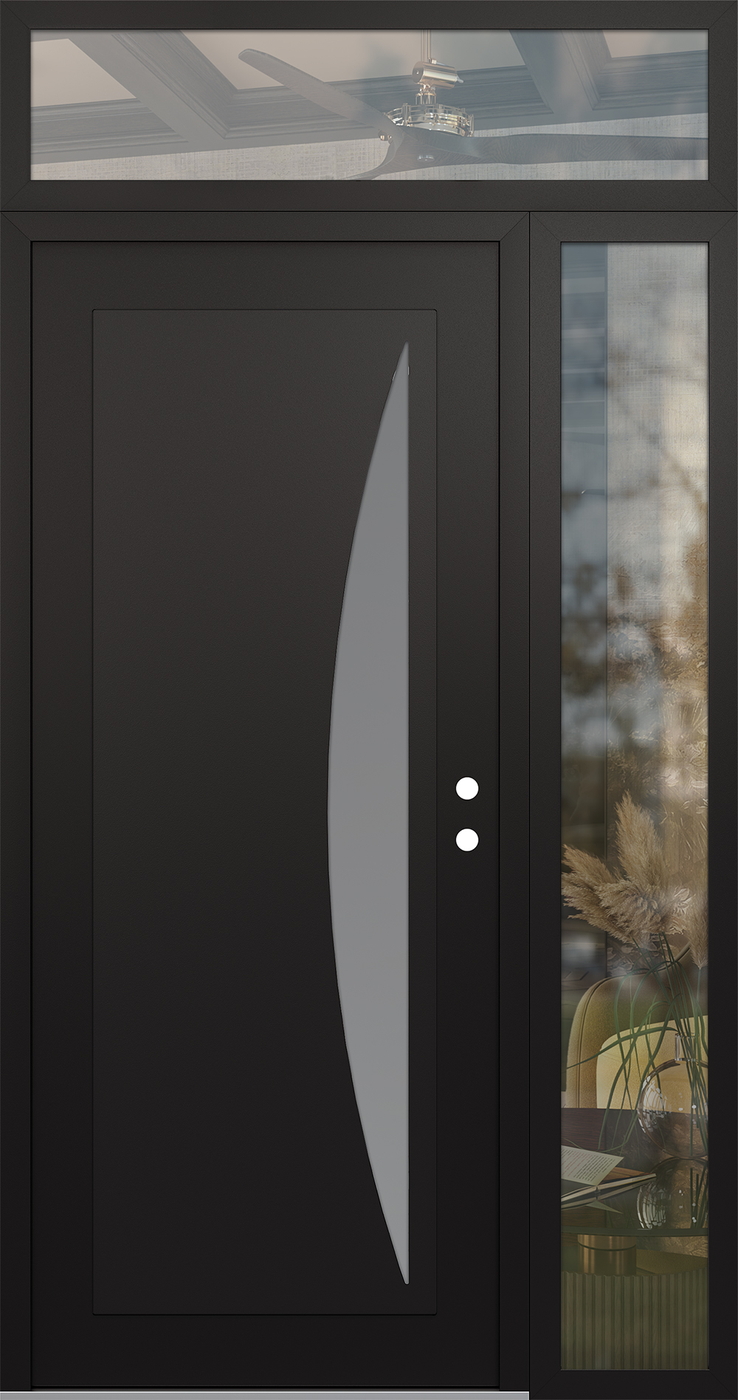 Modern Steel Front Door Diamond C13 50" x 96" black/white frosted Glass Panel black LHI with Sidelite and Transom clear Glass
