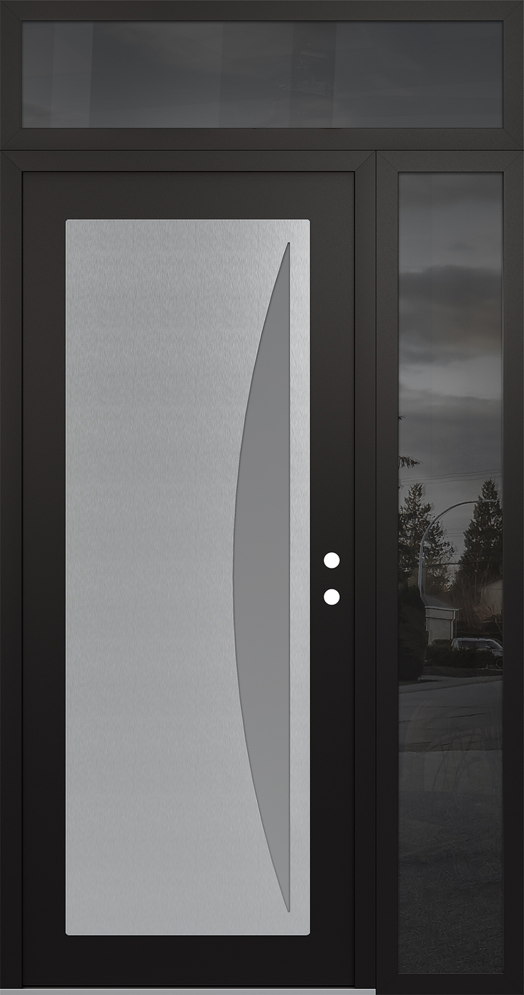 Modern Steel Front Door Diamond C13 50" x 96" black/white frosted Glass Panel stainless steel LHI with Sidelite and Transom mirrored Glass