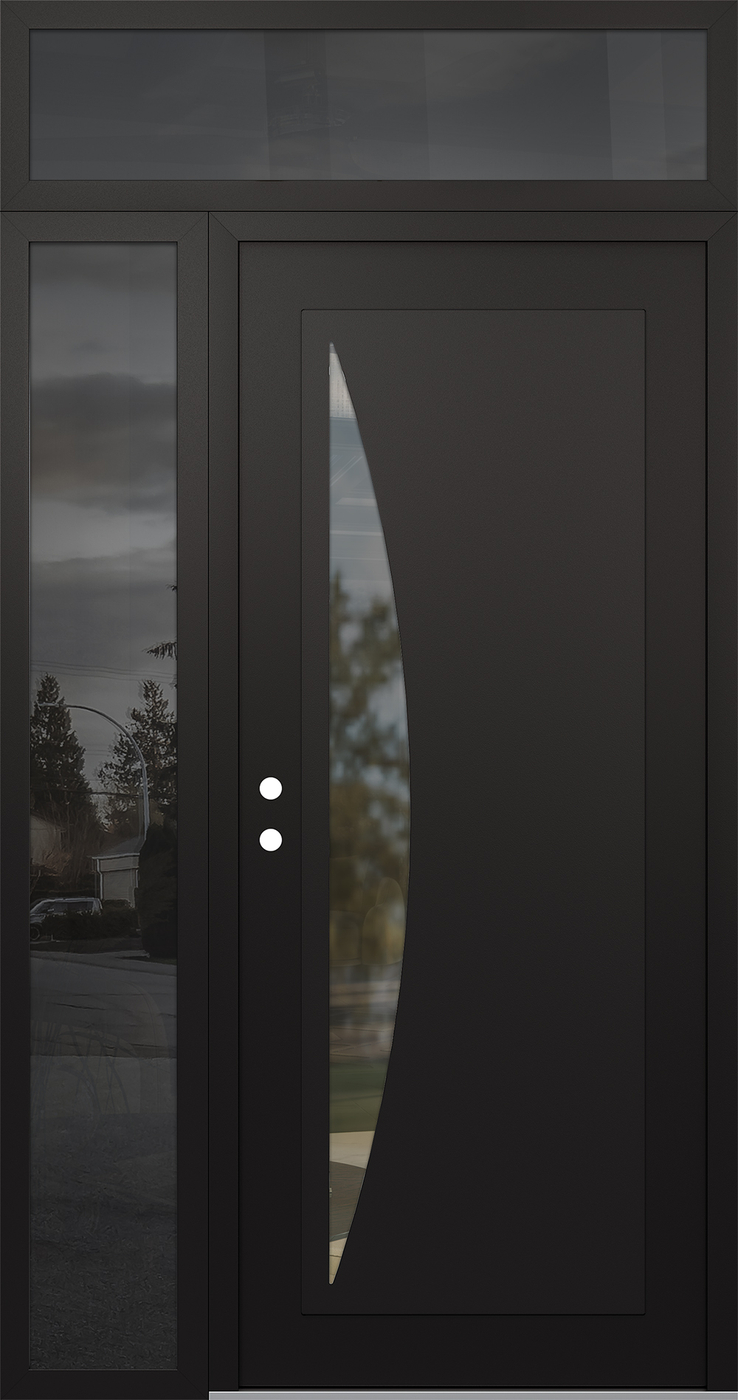 Modern Steel Front Door Diamond C13 52" x 96" black/black clear Glass Panel black RHI with Sidelite and Transom mirrored Glass