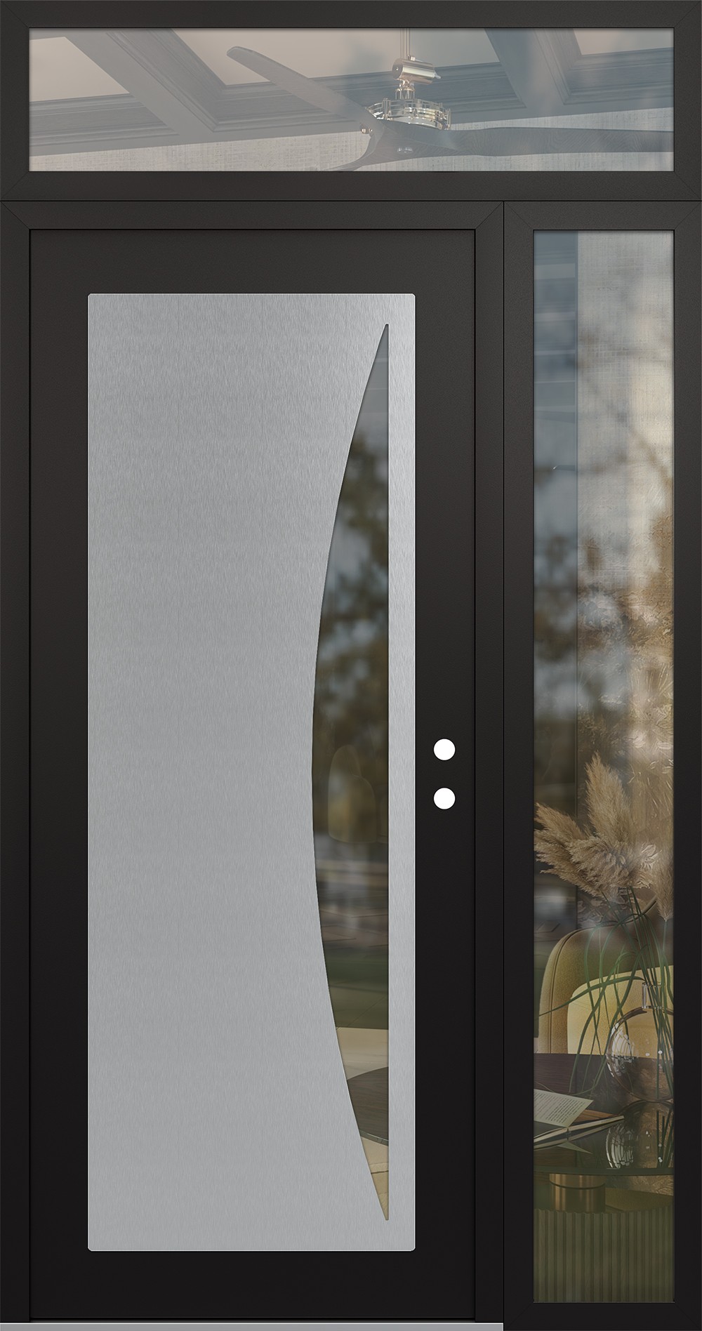 Modern Steel Front Door Diamond C13 52" x 96" black/black clear Glass Panel stainless steel LHI with Sidelite and Transom clear Glass