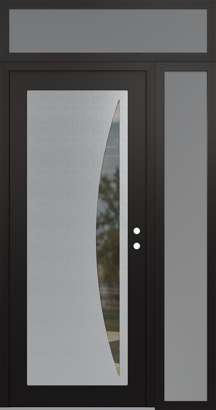 Modern Steel Front Door Diamond C13 52" x 96" black/black clear Glass Panel stainless steel LHI with Sidelite and Transom frosted Glass