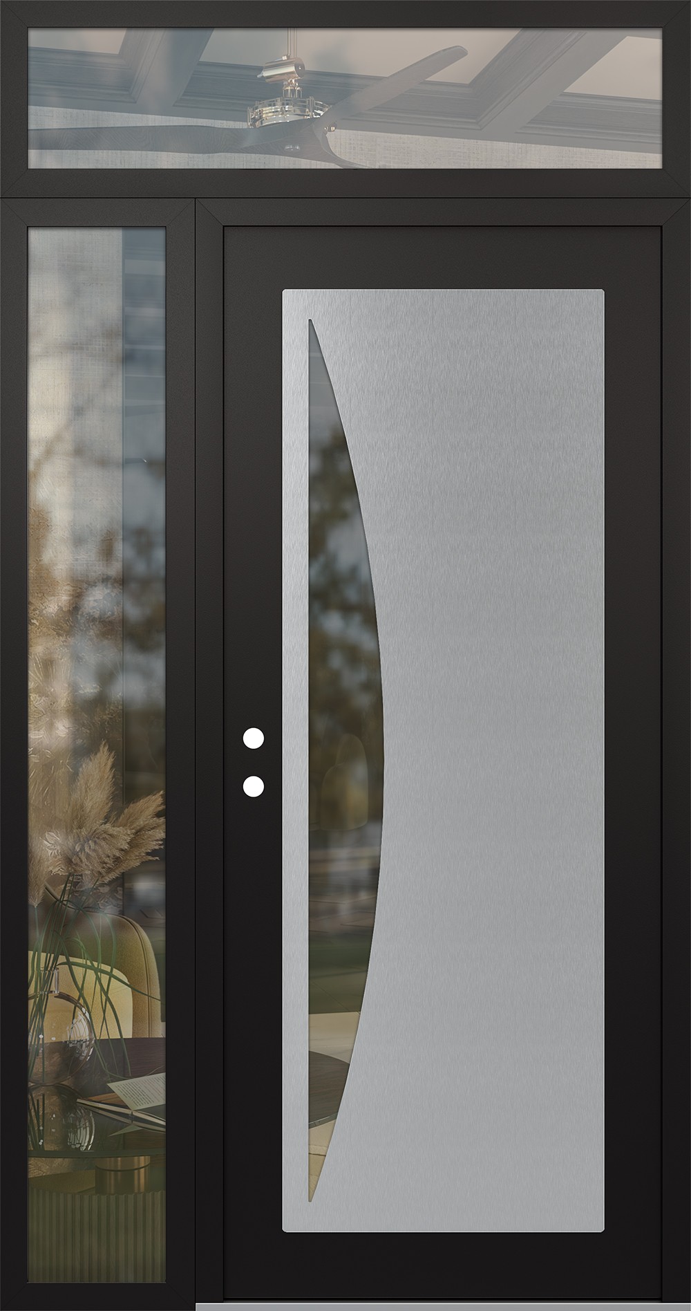 Modern Steel Front Door Diamond C13 52" x 96" black/black clear Glass Panel stainless steel RHI with Sidelite and Transom clear Glass