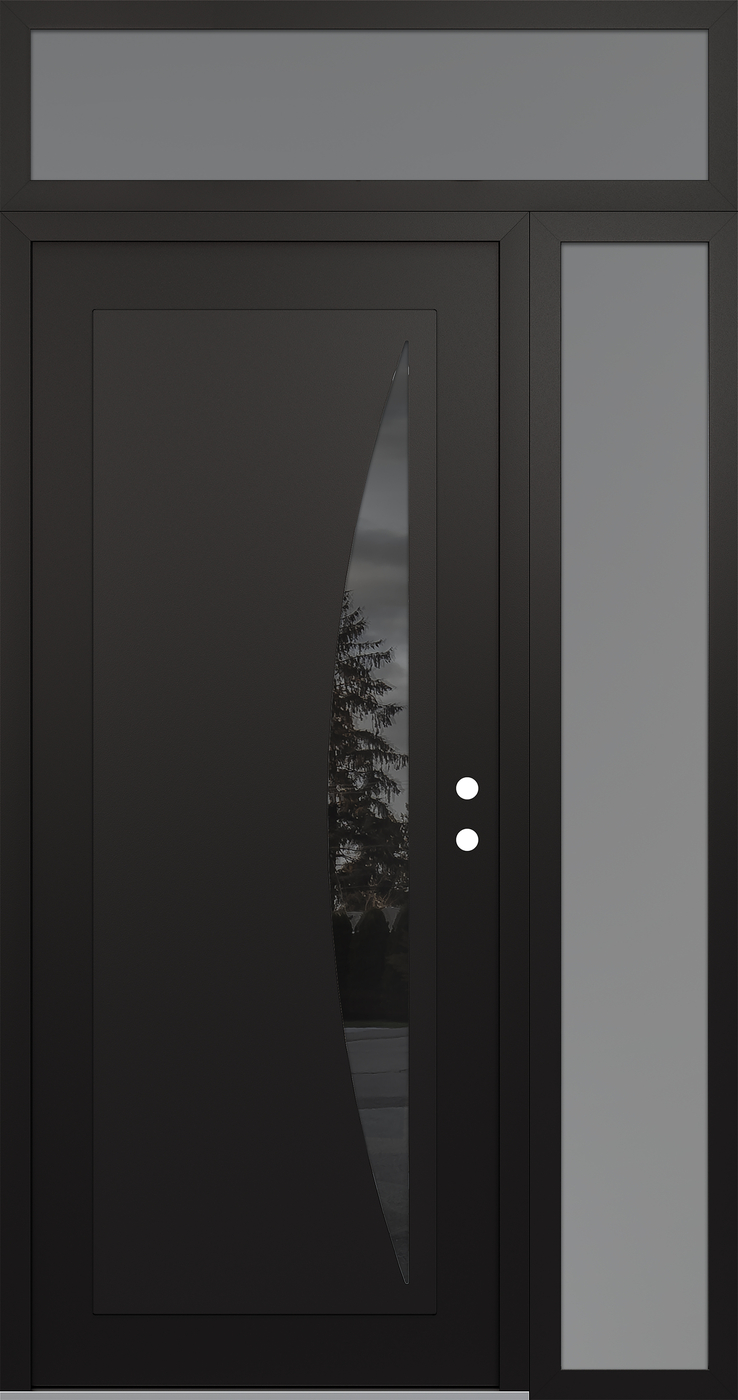 Modern Steel Front Door Diamond C13 52" x 96" black/black mirrored Glass Panel black LHI with Sidelite and Transom frosted Glass