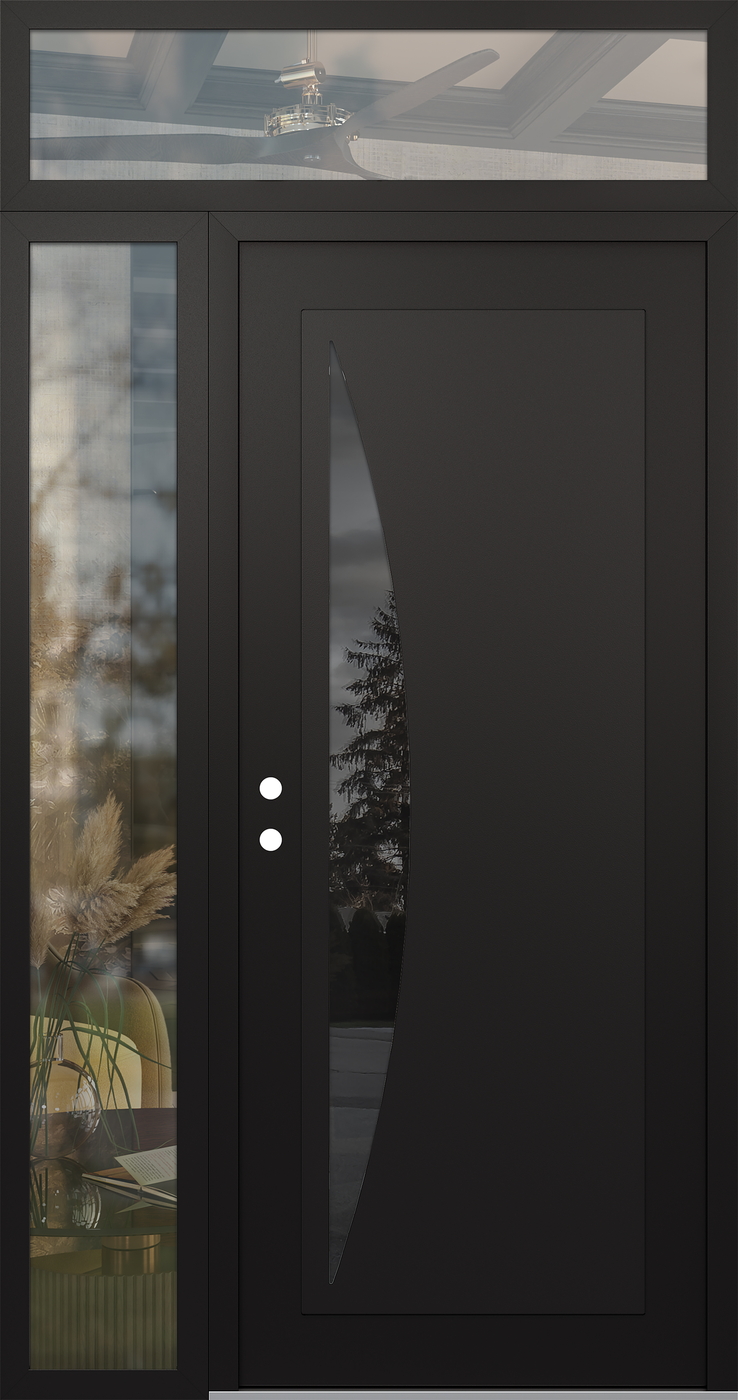 Modern Steel Front Door Diamond C13 52" x 96" black/black mirrored Glass Panel black RHI with Sidelite and Transom clear Glass