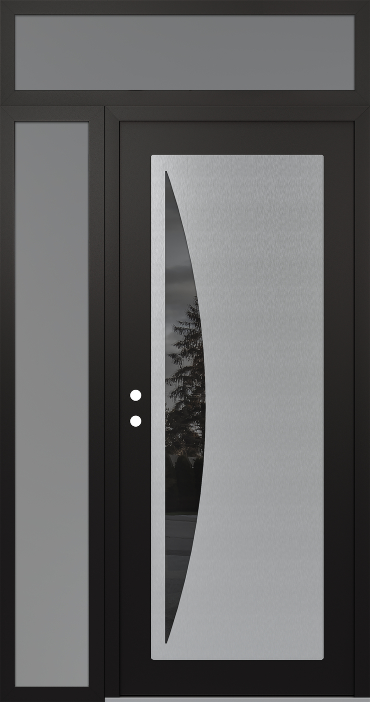 Modern Steel Front Door Diamond C13 52" x 96" black/black mirrored Glass Panel stainless steel RHI with Sidelite and Transom frosted Glass