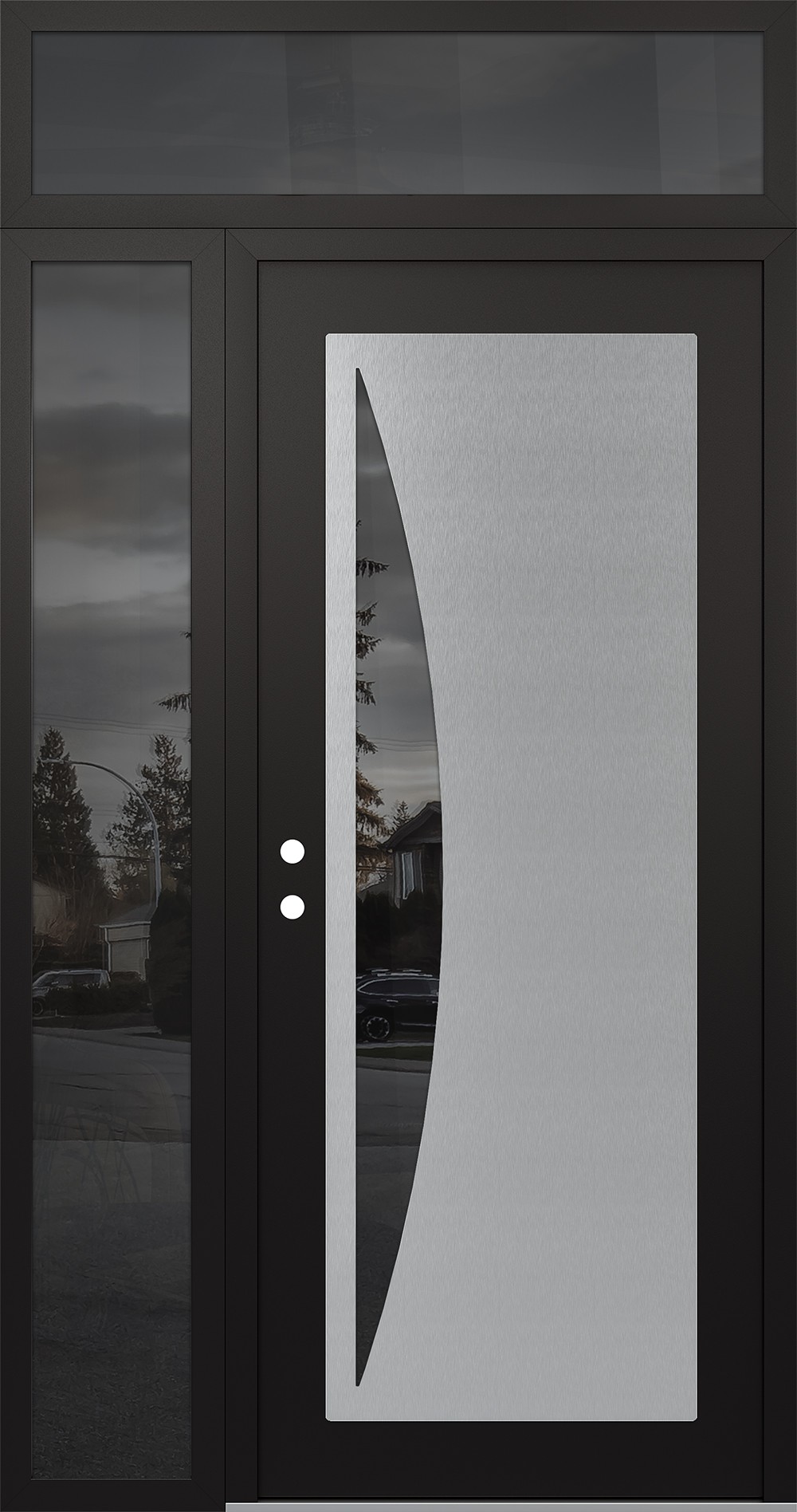 Modern Steel Front Door Diamond C13 52" x 96" black/black mirrored Glass Panel stainless steel RHI with Sidelite and Transom mirrored Glass