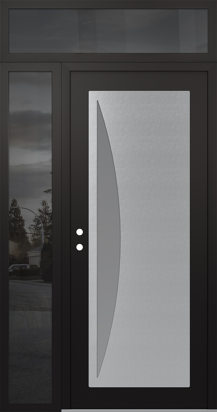 Modern Steel Front Door Diamond C13 52" x 96" black/white frosted Glass Panel stainless steel RHI with Sidelite and Transom mirrored Glass