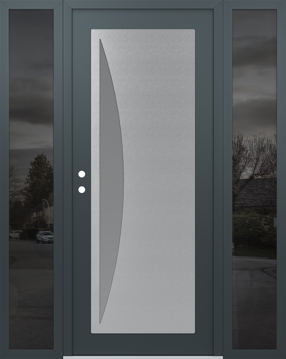Modern Steel Front Door Diamond C13 60" x 80" anthracite/anthracite frosted Glass Panel stainless steel RHI with 2 Sidelites mirrored Glass