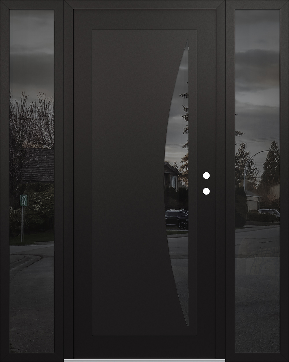 Modern Steel Front Door Diamond C13 60" x 80" black/black mirrored Glass Panel black LHI with 2 Sidelites mirrored Glass