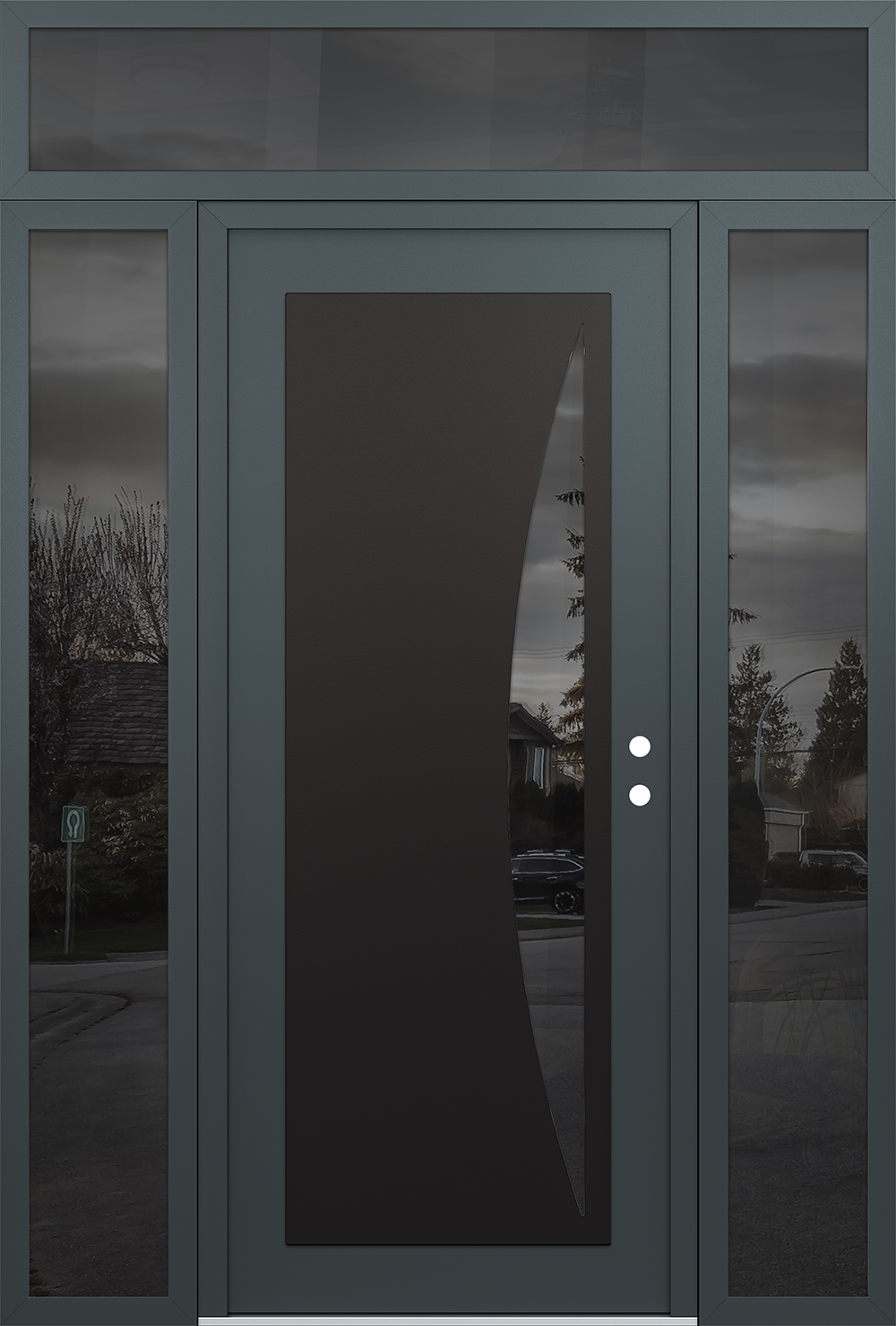 Modern Steel Front Door Diamond C13 60" x 96" anthracite/anthracite mirrored Glass Panel black LHI with 2 Sidelites and Transom mirrored Glass