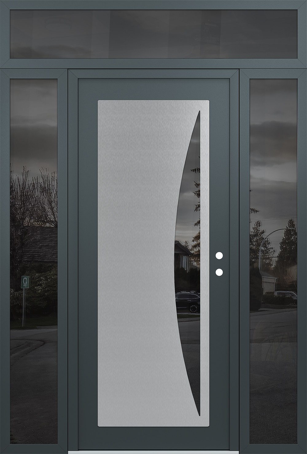 Modern Steel Front Door Diamond C13 60" x 96" anthracite/anthracite mirrored Glass Panel stainless steel LHI with 2 Sidelites and Transom mirrored Glass