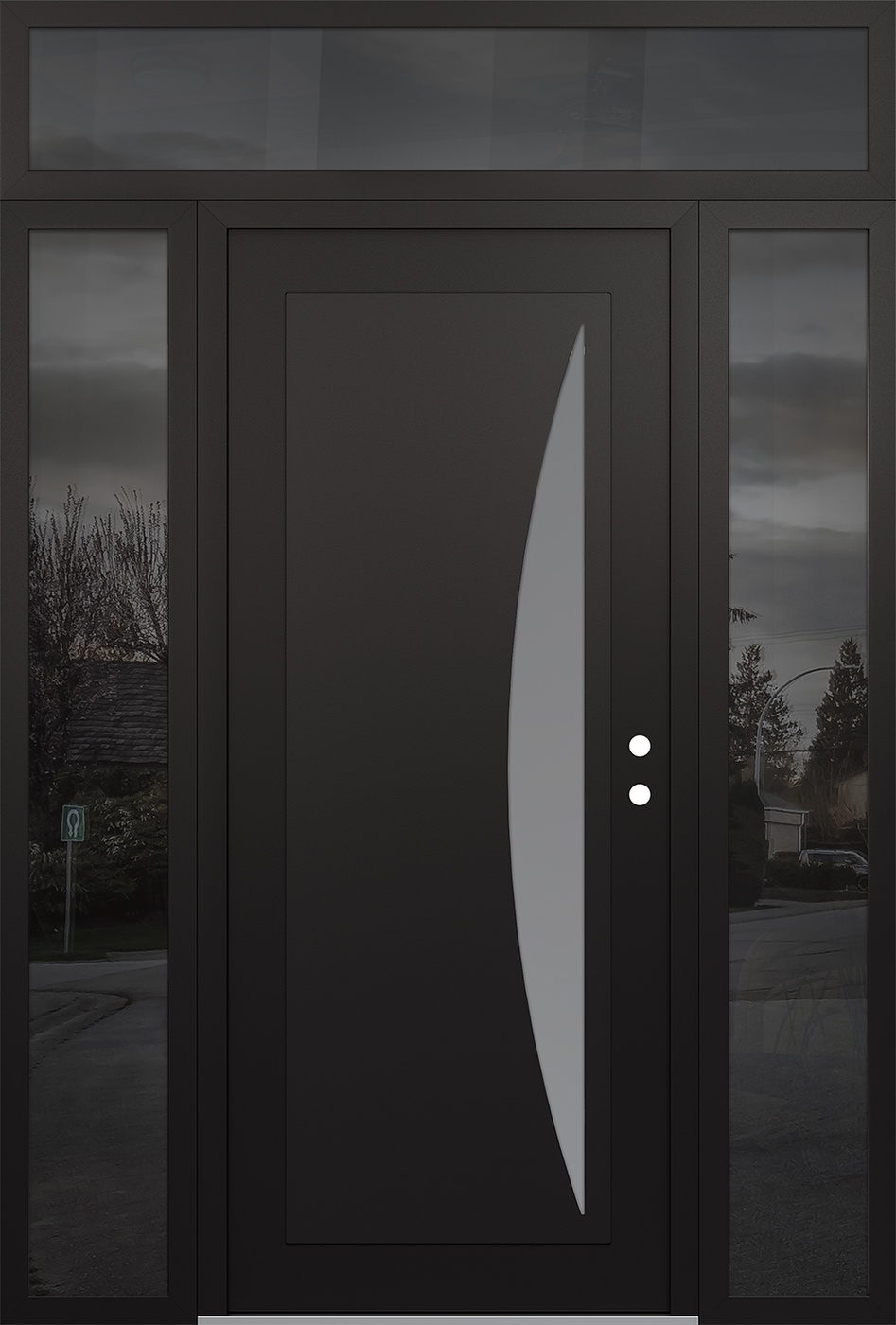 Modern Steel Front Door Diamond C13 60" x 96" black/white frosted Glass Panel black LHI with 2 Sidelites and Transom mirrored Glass