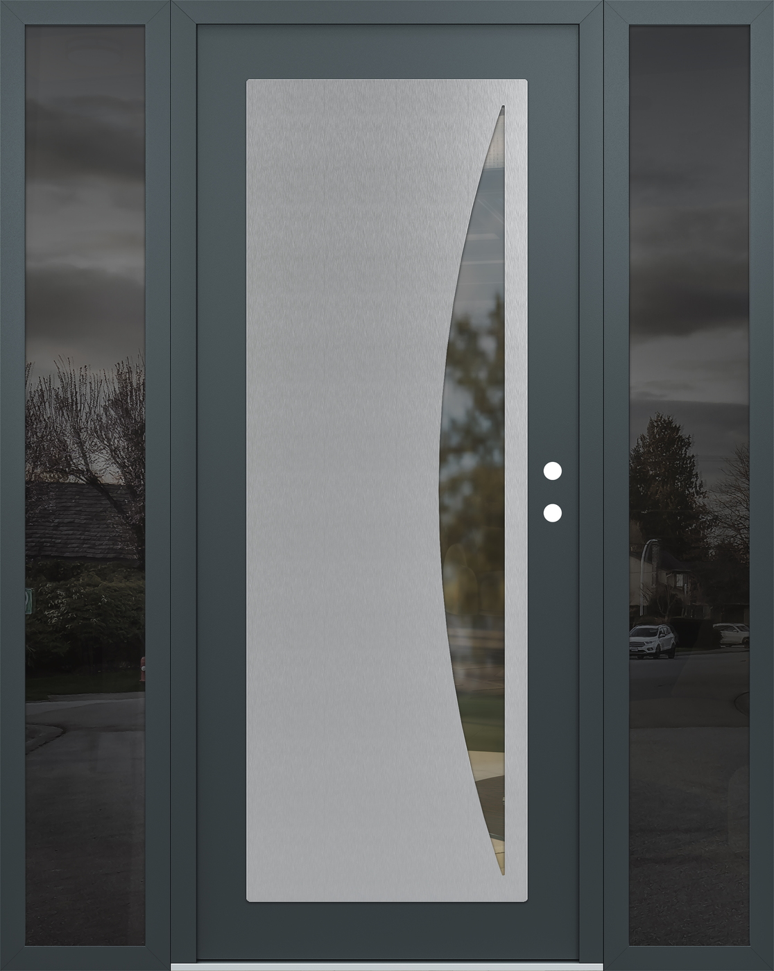 Modern Steel Front Door Diamond C13 64" x 80" anthracite/anthracite clear Glass Panel stainless steel LHI with 2 Sidelites mirrored Glass