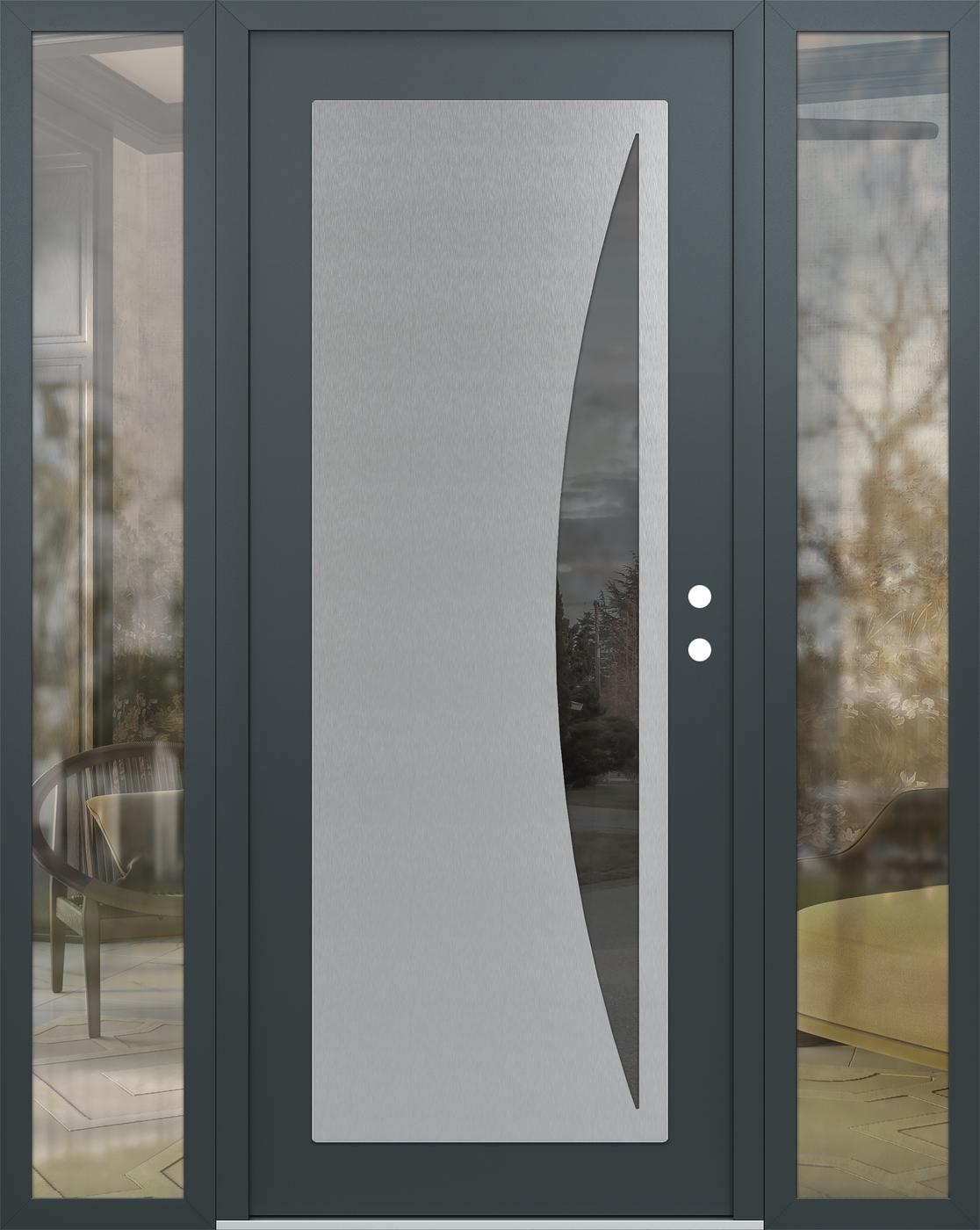 Modern Steel Front Door Diamond C13 64" x 80" anthracite/anthracite mirrored Glass Panel stainless steel LHI with 2 Sidelites clear Glass