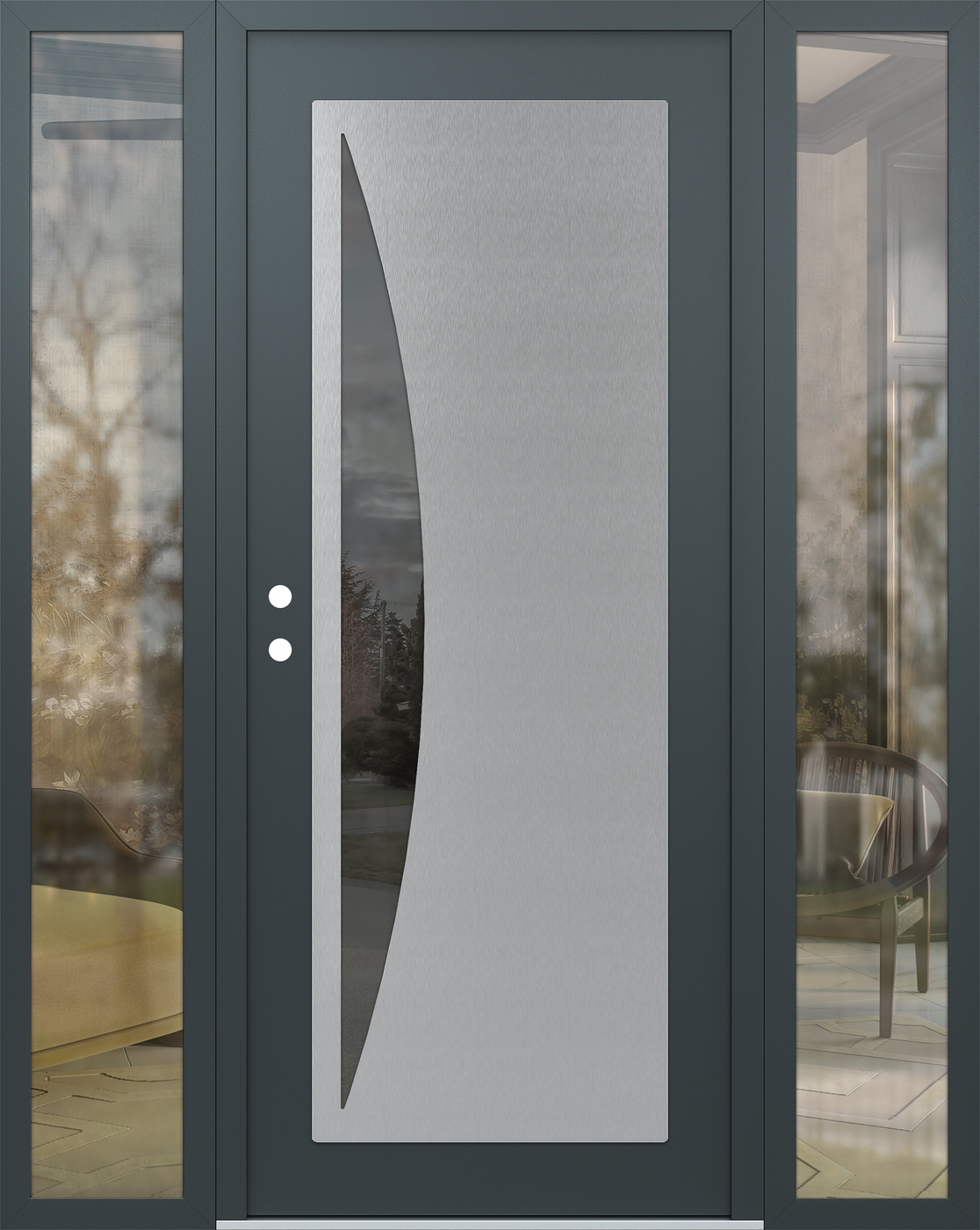 Modern Steel Front Door Diamond C13 64" x 80" anthracite/anthracite mirrored Glass Panel stainless steel RHI with 2 Sidelites clear Glass