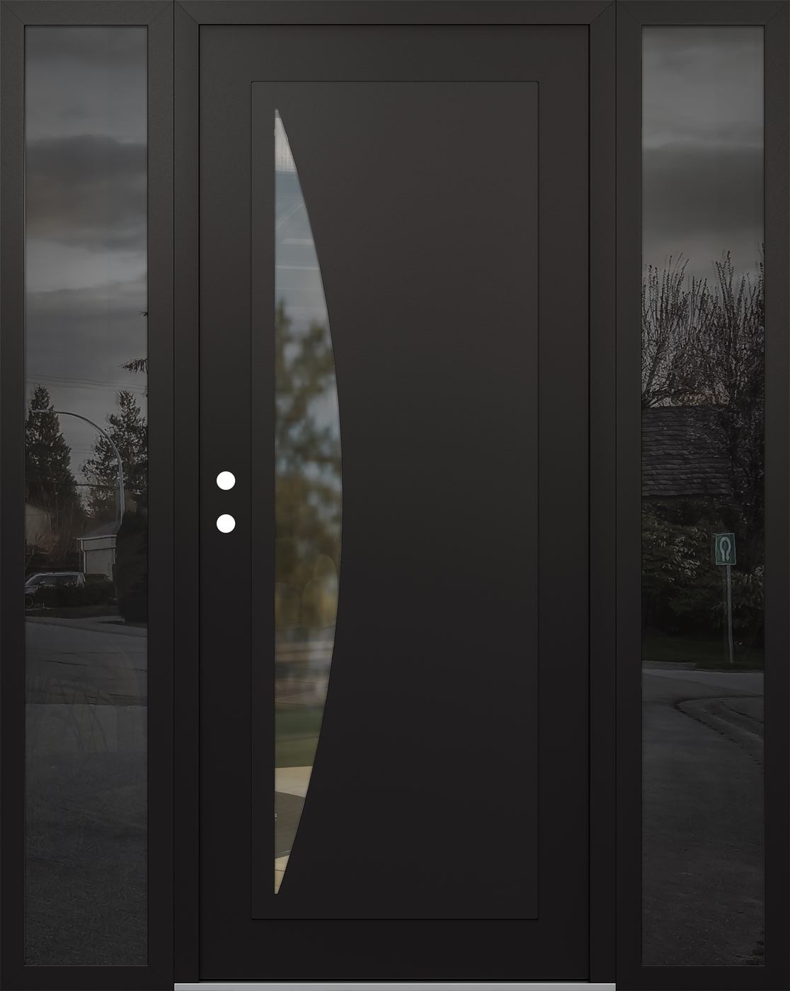 Modern Steel Front Door Diamond C13 64" x 80" black/black clear Glass Panel black RHI with 2 Sidelites mirrored Glass