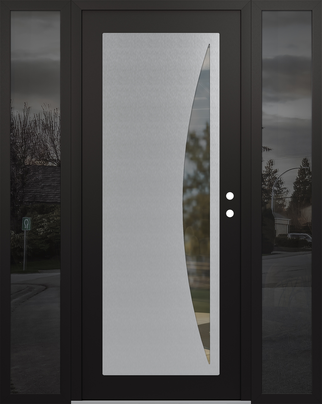 Modern Steel Front Door Diamond C13 64" x 80" black/black clear Glass Panel stainless steel LHI with 2 Sidelites mirrored Glass