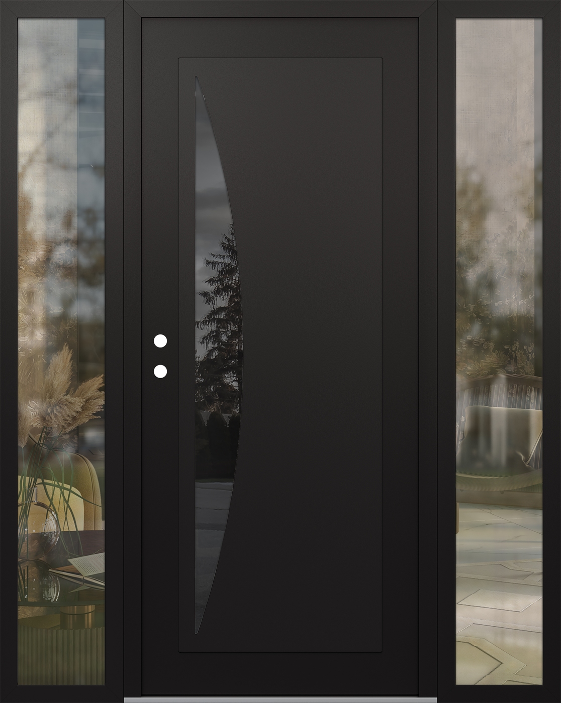 Modern Steel Front Door Diamond C13 64" x 80" black/black mirrored Glass Panel black RHI with 2 Sidelites clear Glass