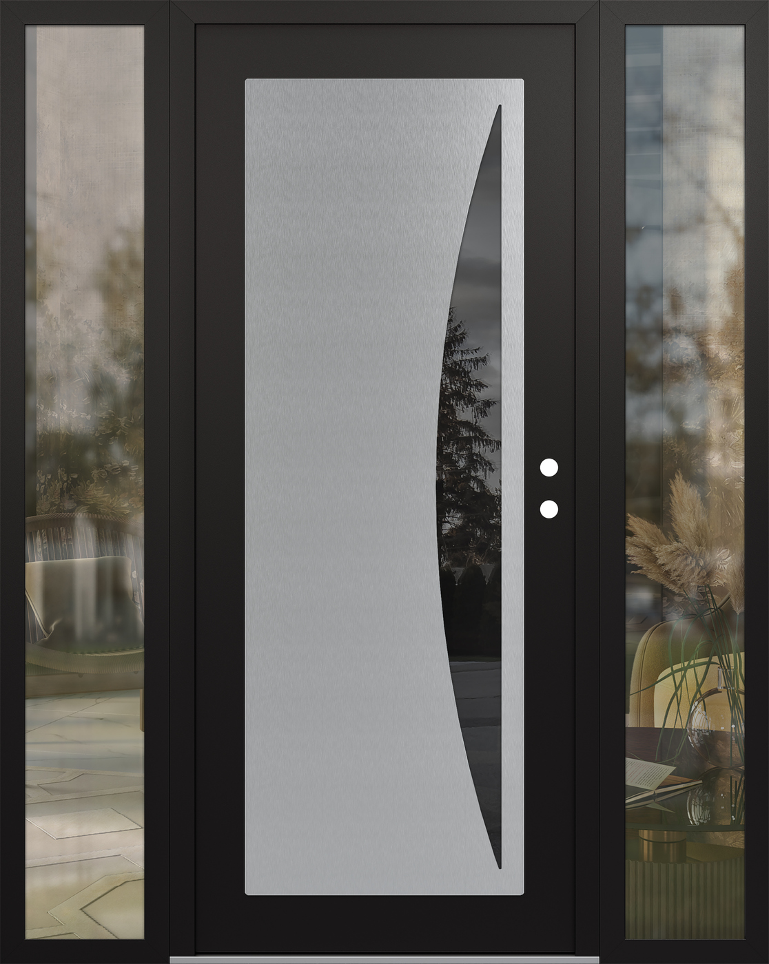 Modern Steel Front Door Diamond C13 64" x 80" black/black mirrored Glass Panel stainless steel LHI with 2 Sidelites clear Glass