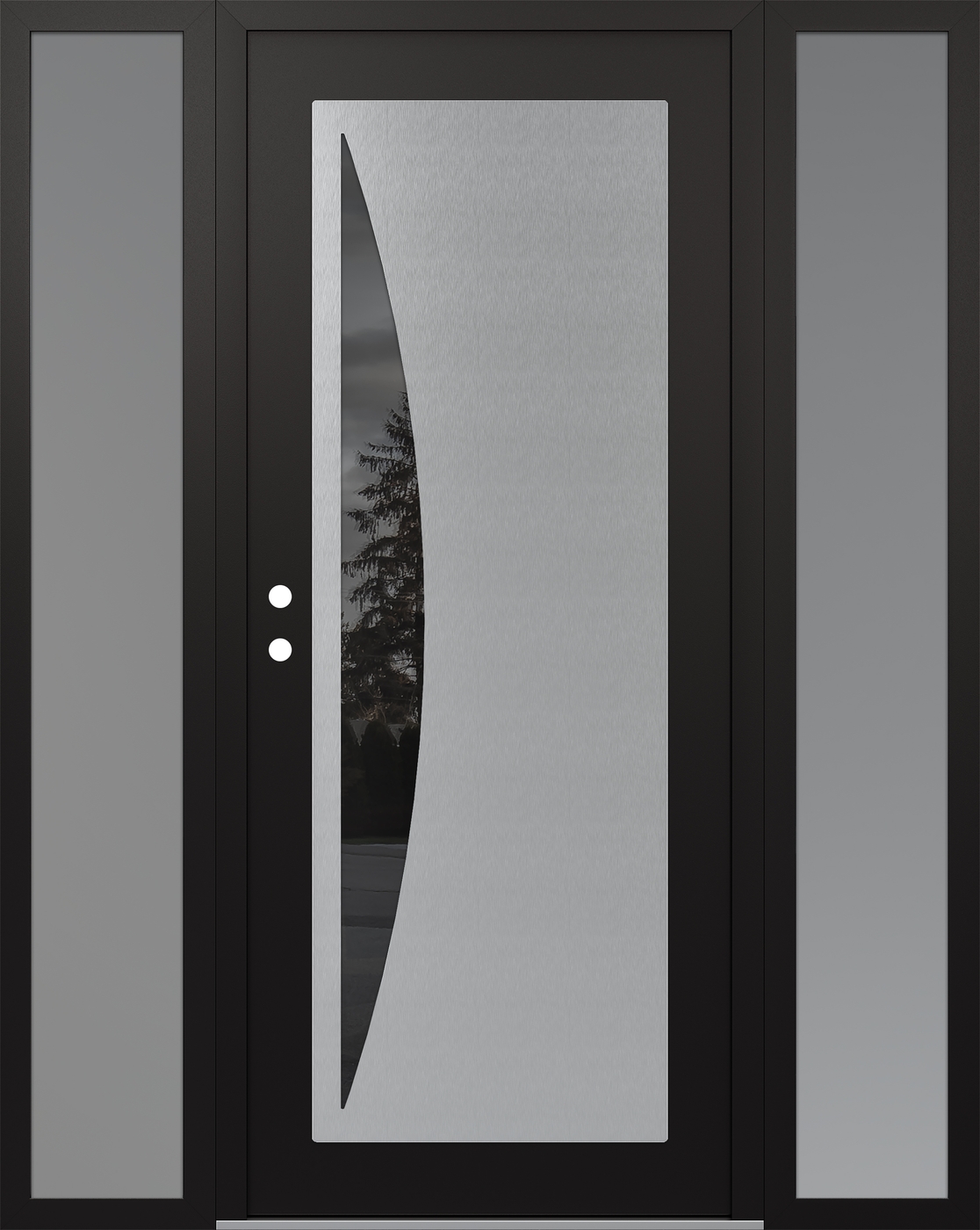 Modern Steel Front Door Diamond C13 64" x 80" black/black mirrored Glass Panel stainless steel RHI with 2 Sidelites frosted Glass