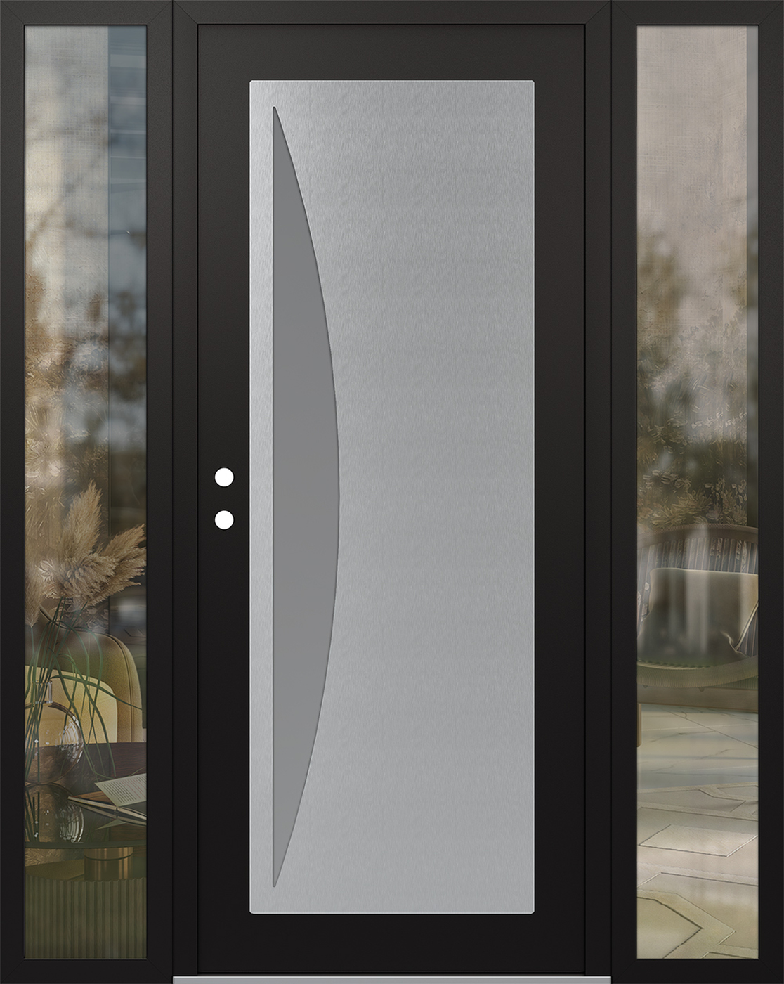 Modern Steel Front Door Diamond C13 64" x 80" black/white frosted Glass Panel stainless steel RHI with 2 Sidelites clear Glass