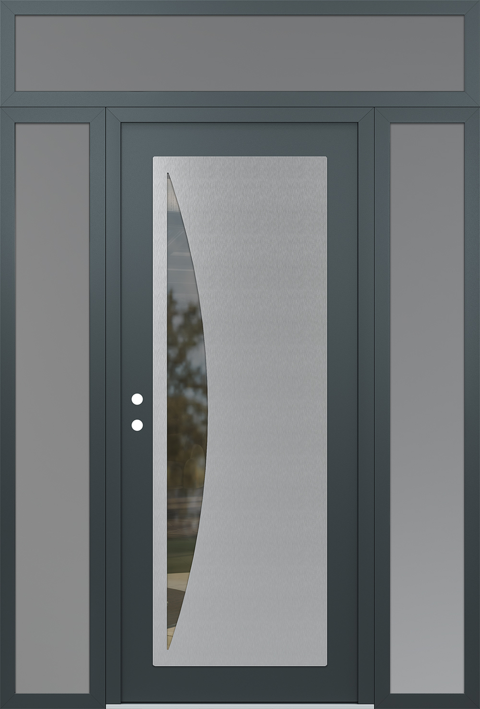 Modern Steel Front Door Diamond C13 64" x 96" anthracite/anthracite clear Glass Panel stainless steel RHI with 2 Sidelites and Transom frosted Glass