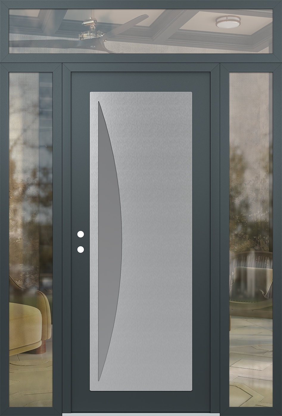 Modern Steel Front Door Diamond C13 64" x 96" anthracite/anthracite frosted Glass Panel stainless steel RHI with 2 Sidelites and Transom clear Glass