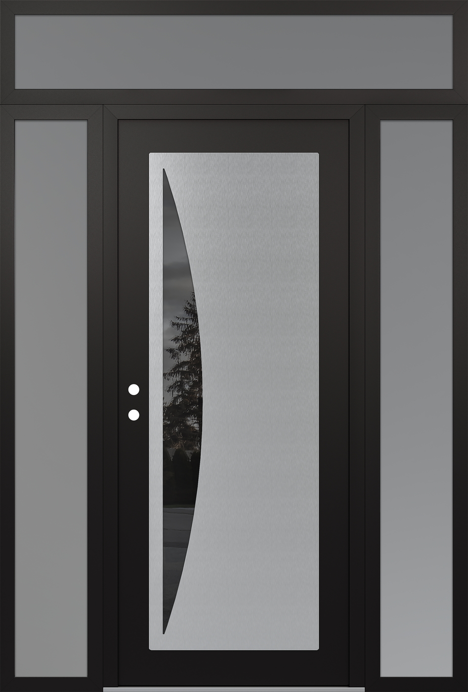 Modern Steel Front Door Diamond C13 64" x 96" black/black mirrored Glass Panel stainless steel RHI with 2 Sidelites and Transom frosted Glass
