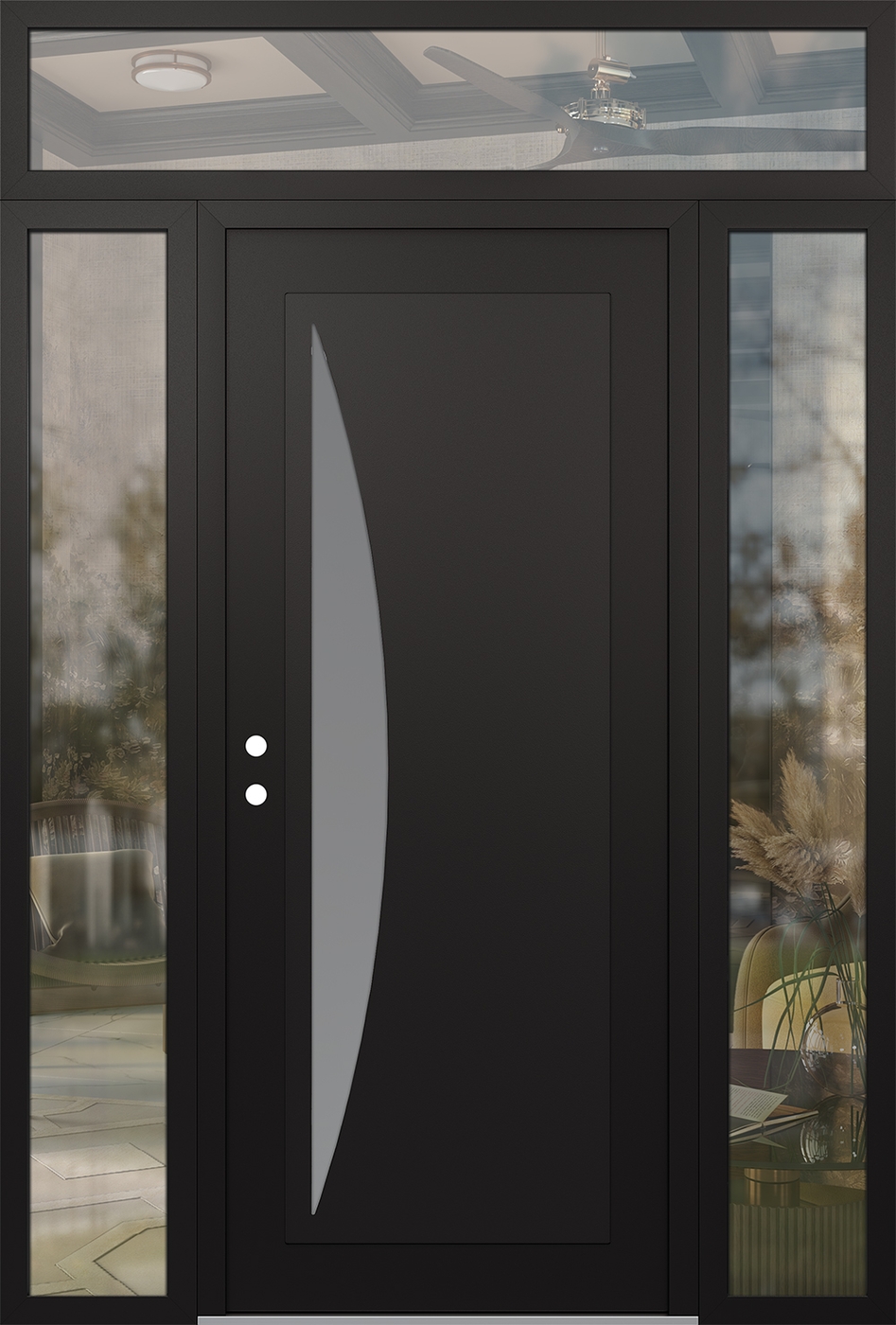 Modern Steel Front Door Diamond C13 64" x 96" black/white frosted Glass Panel black RHI with 2 Sidelites and Transom clear Glass