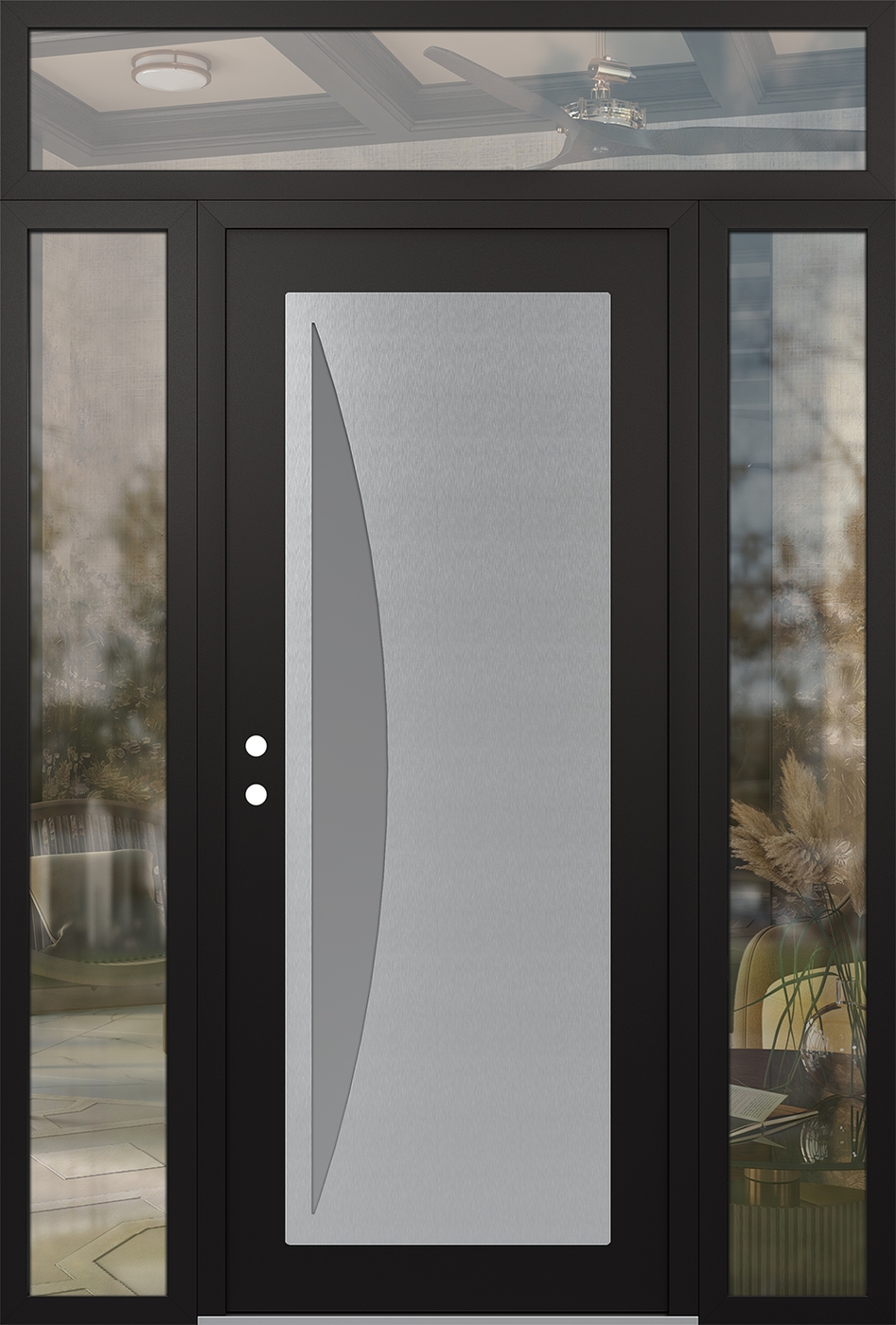 Modern Steel Front Door Diamond C13 64" x 96" black/white frosted Glass Panel stainless steel RHI with 2 Sidelites and Transom clear Glass