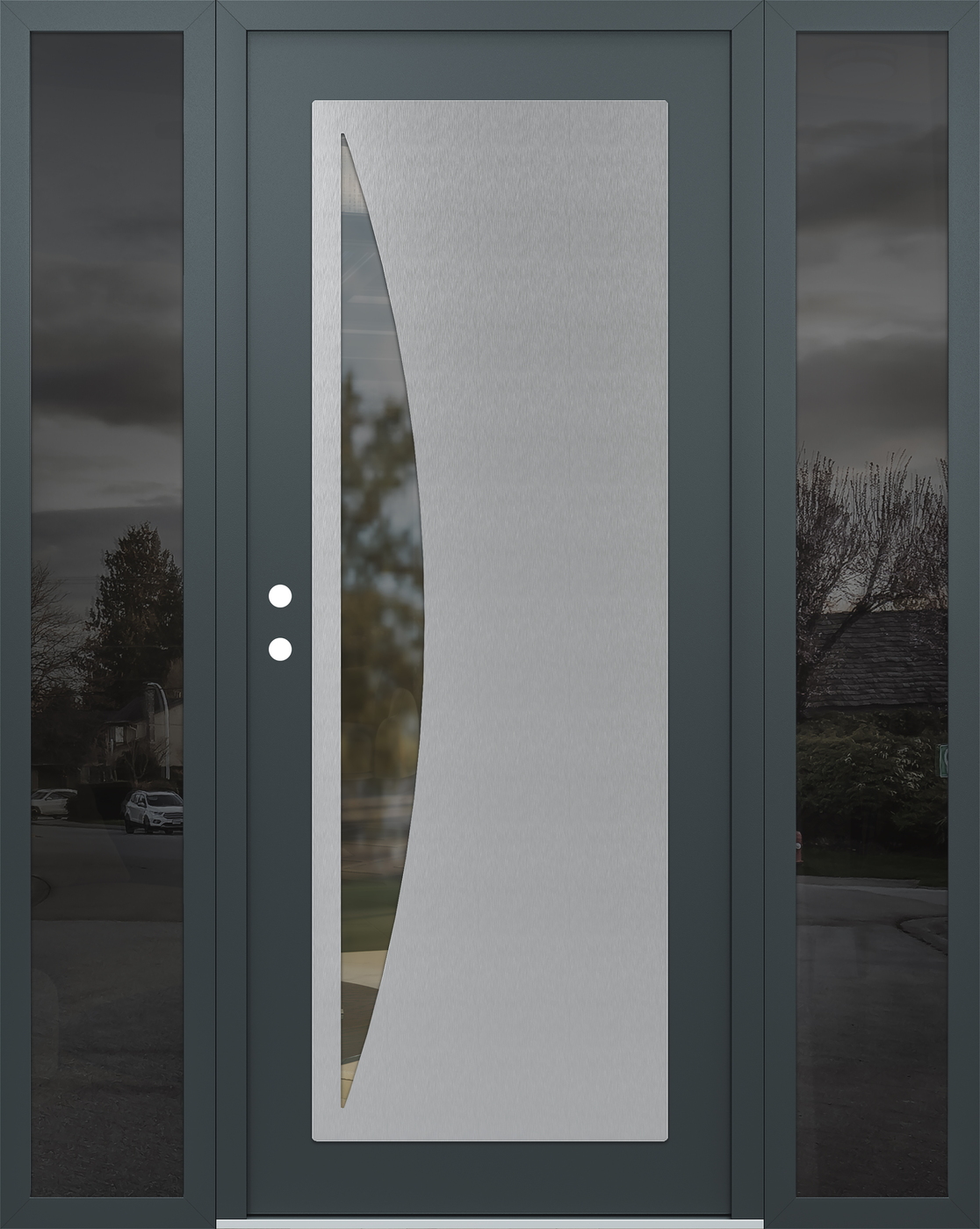 Modern Steel Front Door Diamond C13 68" x 80" anthracite/anthracite clear Glass Panel stainless steel RHI with 2 Sidelites mirrored Glass